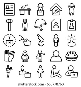Worker icons set. set of 25 worker outline icons such as glove, casino girl, businessman, man with laptop, worker, nail gun, trowel, garden hammer, gardener jumpsuit