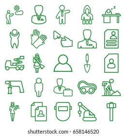 Worker icons set. set of 25 worker outline icons such as casino girl, gloves, maid, businessman, resume, crane, nail gun, trowel, welding glasses, digging man, welder mask