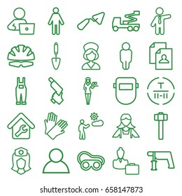 Worker icons set. set of 25 worker outline icons such as casino girl, gloves, maid, businessman, resume, man with laptop, trowel, crane, nail gun, welding glasses, welder mask