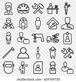 Worker icons set. set of 25 worker outline icons such as casino girl, maid, businessman, worker, hummer and wrench, crane, nail gun, welder mask, trowel, garden hammer, nurse