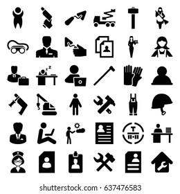 Worker icons set. set of 36 worker filled icons such as glove, casino girl, maid, resume, man with laptop, trowel, hummer and wrench, crane, nail gun, welding glasses