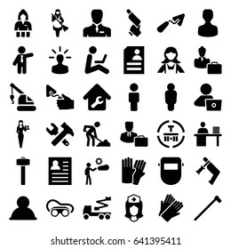 Worker icons set. set of 36 worker filled icons such as glove, casino girl, gloves, maid, businessman, man with laptop, trowel, hummer and wrench, crane, nail gun