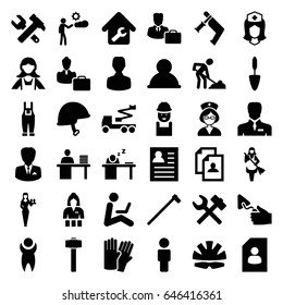 Worker icons set. set of 36 worker filled icons such as glove, casino girl, maid, resume, worker, hummer and wrench, crane, nail gun, trowel, digging man, garden hammer