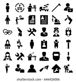 Worker icons set. set of 36 worker filled icons such as casino girl, maid, man with laptop, trowel, hummer and wrench, crane, nail gun, welding glasses, digging man