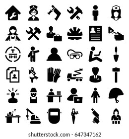 Worker icons set. set of 36 worker filled icons such as glove, casino girl, maid, businessman, resume, man with laptop, worker, hummer and wrench, crane, nail gun, trowel