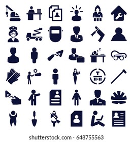 Worker icons set. set of 36 worker filled icons such as casino girl, gloves, maid, businessman, resume, trowel, crane, nail gun, welding glasses, welder mask, garden hammer