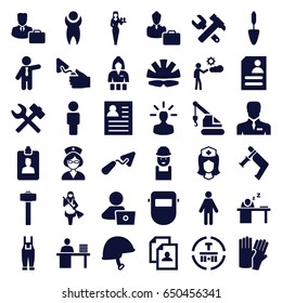 Worker icons set. set of 36 worker filled icons such as glove, casino girl, maid, businessman, resume, man with laptop, trowel, worker, hummer and wrench, crane, nail gun