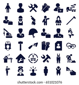Worker icons set. set of 36 worker filled icons such as glove, casino girl, gloves, maid, businessman, man with laptop, trowel, worker, hummer and wrench, crane, nail gun