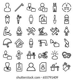 Worker icons set. set of 36 worker outline icons such as casino girl, gloves, businessman, resume, man with laptop, worker, hummer and wrench, crane, nail gun, trowel