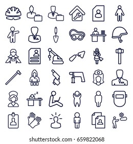 Worker icons set. set of 36 worker outline icons such as casino girl, gloves, maid, businessman, resume, trowel, crane, nail gun, welding glasses, welder mask, garden hammer