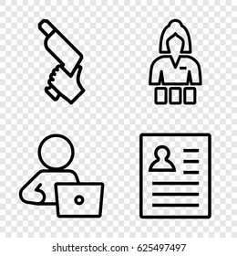 Worker icons set. set of 4 worker outline icons such as Casino girl, man with laptop, nail gun