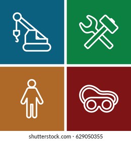 Worker icons set. set of 4 worker outline icons such as crane, welding glasses, wrench hummer
