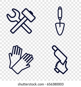 Worker icons set. set of 4 worker outline icons such as gloves, nail gun, trowel