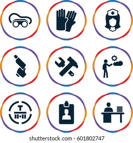 worker icons set. Set of 9 worker filled icons such as glove, hummer and wrench, nail gun, welding glasses, nurse, cargo terminal, man, clipboard