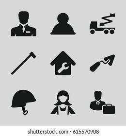 Worker icons set. set of 9 worker filled icons such as maid, trowel, crane, garden hammer, businessman, helmet, home repair, male consultant   with case