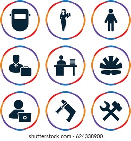 Worker icons set. set of 9 worker filled icons such as Casino girl, man with laptop, nail gun, welder mask, man working at the table, male consultant   with case, helmet