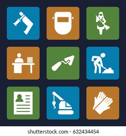 Worker icons set. set of 9 worker filled icons such as gloves, maid, trowel, crane, nail gun, digging man, welder mask, man working at the table