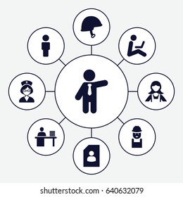 Worker icons set. set of 9 worker filled icons such as maid, businessman, worker, helmet, nurse, man working at the table, man sitting with laptop, resume