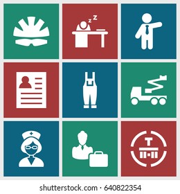 Worker icons set. set of 9 worker filled icons such as businessman, crane, gardener jumpsuit, cargo terminal, nurse, man sleeping on table, woman consultant with case, helmet