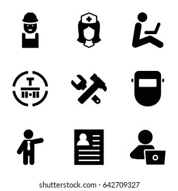 Worker icons set. set of 9 worker filled icons such as businessman, man with laptop, worker, hummer and wrench, welder mask, nurse, cargo terminal, man sitting with laptop