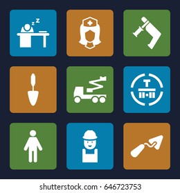 Worker icons set. set of 9 worker filled icons such as trowel, worker, crane, nail gun, nurse, cargo terminal, man sleeping on table
