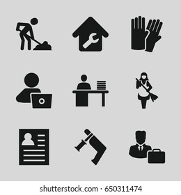 Worker icons set. set of 9 worker filled icons such as glove, maid, man with laptop, nail gun, digging man, man working at the table, home repair, male consultant   with case