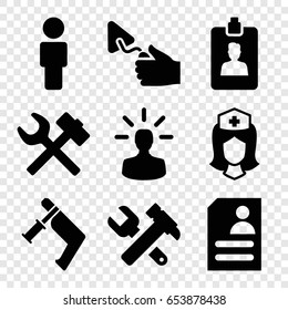 Worker icons set. set of 9 worker filled icons such as hummer and wrench, nail gun, trowel, resume, nurse, clipboard, user bulb, wrench hummer