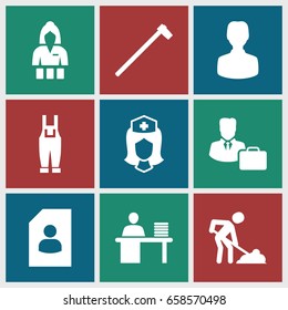 Worker icons set. set of 9 worker filled icons such as casino girl, digging man, garden hammer, gardener jumpsuit, nurse, man working at the table, male consultant   with case