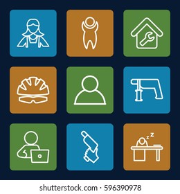 worker icons set. Set of 9 worker outline icons such as maid, man with laptop, nail gun, man sleeping on table, home repair, helmet, man
