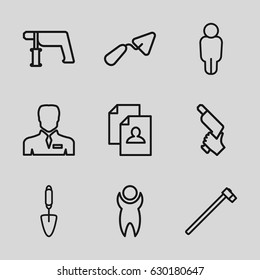Worker icons set. set of 9 worker outline icons such as resume, trowel, nail gun, garden hammer, businessman, man