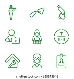 Worker icons set. set of 9 worker outline icons such as casino girl, man with laptop, trowel, nail gun, cargo terminal, nurse, clipboard
