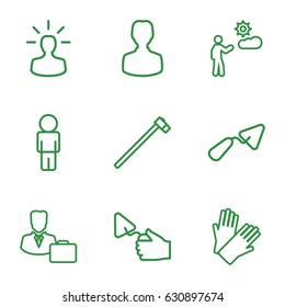 Worker icons set. set of 9 worker outline icons such as gloves, trowel, garden hammer, man, male consultant   with case, user bulb