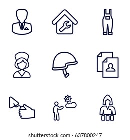 Worker icons set. set of 9 worker outline icons such as casino girl, resume, trowel, gardener jumpsuit, man, helmet, nurse, home repair