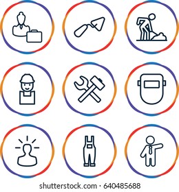 Worker icons set. set of 9 worker outline icons such as businessman, trowel, worker, digging man, welder mask, gardener jumpsuit, woman consultant with case, user bulb
