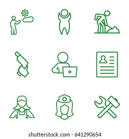 Worker icons set. set of 9 worker outline icons such as maid, man with laptop, nail gun, digging man, nurse, man, resume