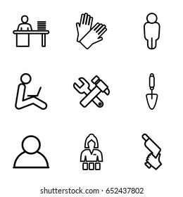 Worker icons set. set of 9 worker outline icons such as casino girl, gloves, hummer and wrench, nail gun, trowel, man working at the table, man sitting with laptop