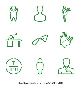 Worker icons set. set of 9 worker outline icons such as casino girl, gloves, trowel, cargo terminal, businessman, man sleeping on table, man