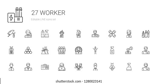 worker icons set. Collection of worker with bee, user, team, id card, man, businessman, window cleaner, teamwork, industry, helmet, employee. Editable and scalable worker icons.