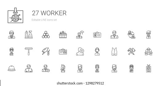 worker icons set. Collection of worker with customer service, pilot, employee, helmet, user, hat, vest, id card, trowel, window cleaner, man. Editable and scalable worker icons.