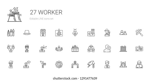 worker icons set. Collection of worker with employee, trowel, pipeline, scientist, user, team, receptionist, pilot, teamwork, farmer, industry. Editable and scalable worker icons.