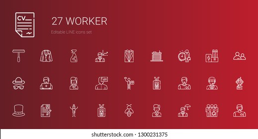 worker icons set. Collection of worker with employee, bee, id card, man, curriculum, hat, user, warehouse, suit, teamwork, pilot, doorman. Editable and scalable worker icons.