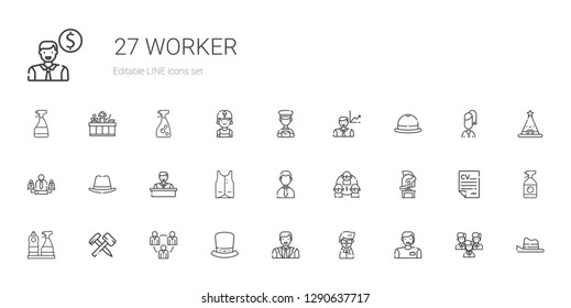 worker icons set. Collection of worker with man, scientist, hat, teamwork, hammer, window cleaner, helmet, team, businessman, vest, employee. Editable and scalable worker icons.