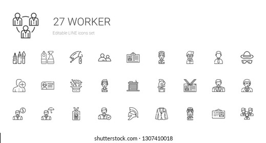 worker icons set. Collection of worker with pilot, suit, helmet, employee, id card, warehouse, marshall, hat, user, scientist, team, doorman. Editable and scalable worker icons.