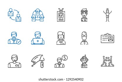 worker icons set. Collection of worker with teamwork, pilot, employee, trowel, man, id card, user, team. Editable and scalable worker icons.