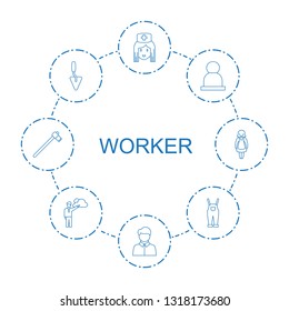 worker icons. Trendy 8 worker icons. Contain icons such as nurse, user, trowel, gardener jumpsuit, man, garden hammer, maid. worker icon for web and mobile.