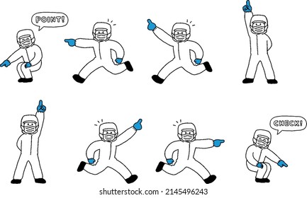 Worker illustration set in white work clothes pointing