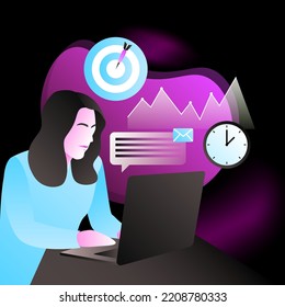 Worker Illustration. Woman working on Laptop. Vector illustration