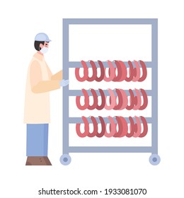 Worker industrial meat factory or farm engaged production ready-made sausage products. Man in uniform and mask near rack with suspended wurst. Flat vector isolated illustration.