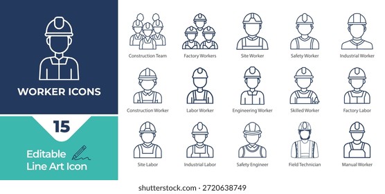Conjunto de iconos de línea de trabajador e industria para proyectos de diseño relacionados con la construcción, fábrica, mano de obra, seguridad, ingeniería, fabricación y fuerza de trabajo industrial.