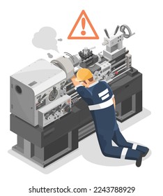 Worker is Injured Danger Heavy Duty Metal Lathe Machine Technician metalworker industrial experienced operator Maintenance concept isometric industrial machinery labor working on white background